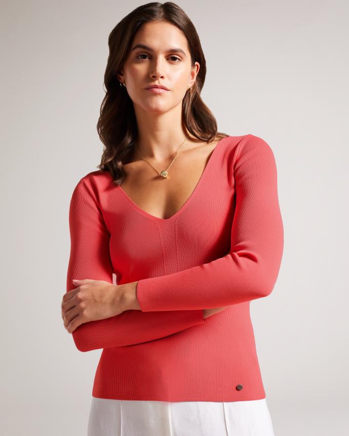 Hauts Ted Baker V Neck Slim Fit Knit Corail Femme | NKA-93416712